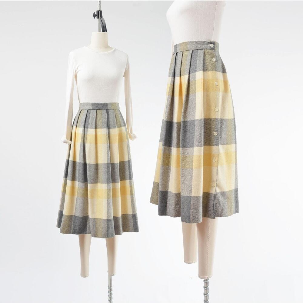 Vintage 80s Yellow Gray Plaid Wool Blend Pleated High Waist Preppy Midi Skirt L
